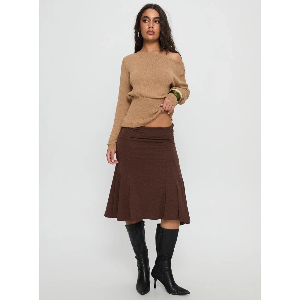 Princess Polly Brown Ruched Side Flared Midi Skirt Size 2 Knit Paneled